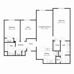 Camelia Floor Plan - 2 Bedrooms, 2 Full Bathrooms, with Study
